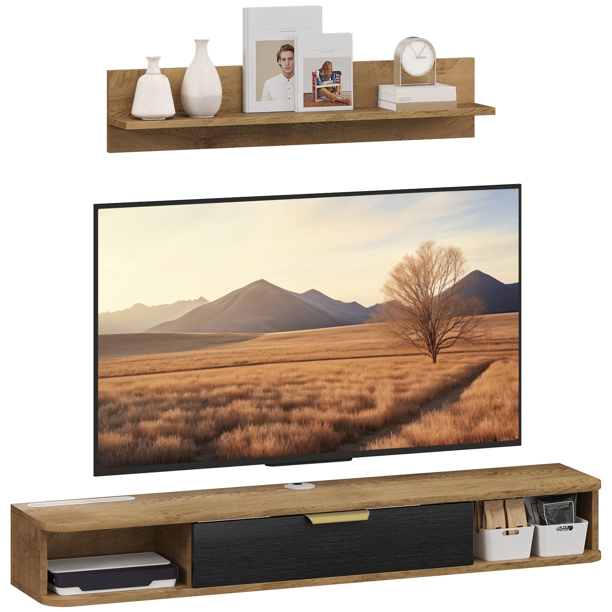 Conjunto de Muebles de Salón, Muebles de TV con Estante de Pared, Puerta, Estantes Abiertos, Orificios para Cables, para Televisión de Pared, 120x24x16 cm, Roble