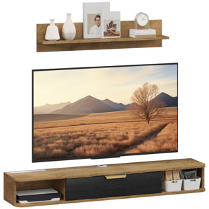 Conjunto de Muebles de Salón, Muebles de TV con Estante de Pared, Puerta, Estantes Abiertos, Orificios para Cables, para Televisión de Pared, 120x24x16 cm, Roble