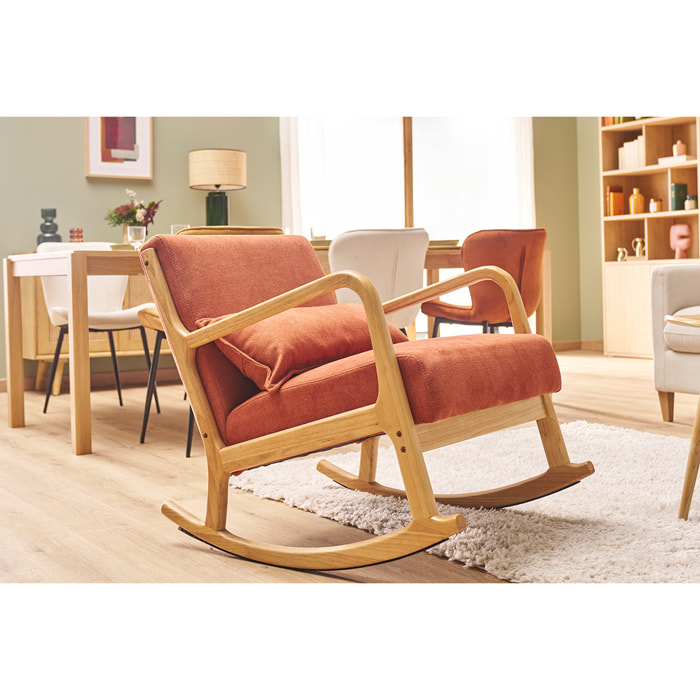 Rocking chair scandinave en tissu effet velours terre brûlée et bois clair massif DERRY