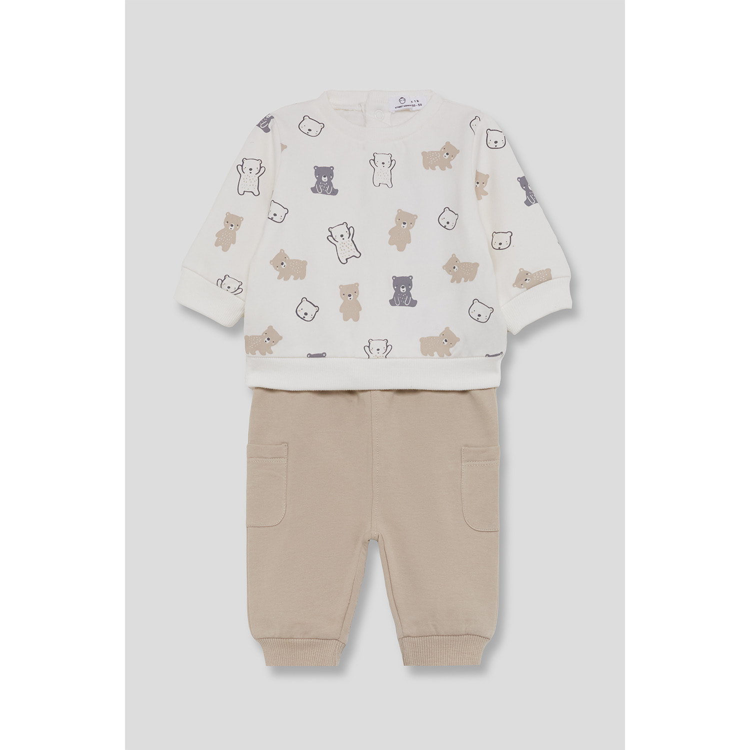 Conjunto bebé niño sudadera crudo y pantalón beige, estampado de ositos y bolsillos laterales | Color: Tostado | Street Monkey