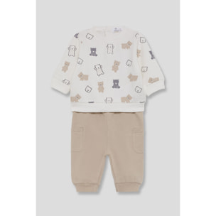 Conjunto bebé niño sudadera crudo y pantalón beige, estampado de ositos y bolsillos laterales | Color: Tostado | Street Monkey