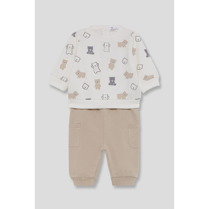 Conjunto bebé niño sudadera crudo y pantalón beige, estampado de ositos y bolsillos laterales | Color: Tostado | Street Monkey