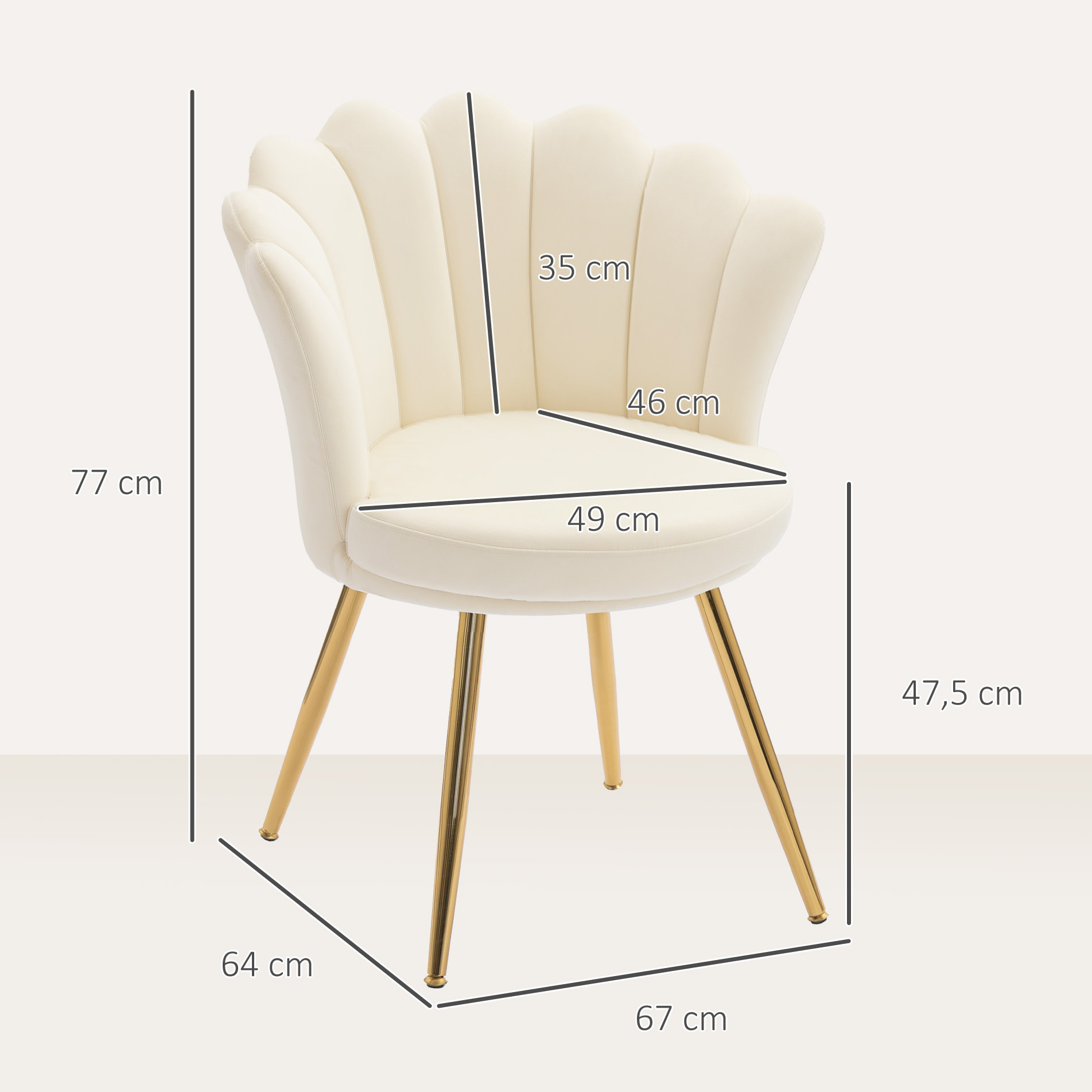 Chaise coquillage chaise design pieds métal dorés effilés velours beige