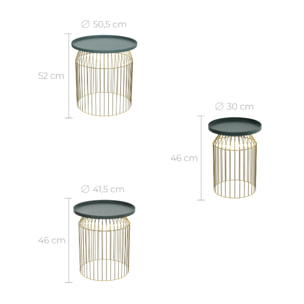 Tables d'appoints rondes en métal bleu gris et laiton (lot de 3) - Palombe