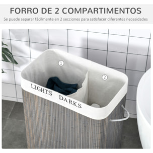 Cesto para Ropa Sucia de Bambú Capacidad de 100L Cesta para la Colada Rectangular con Tapa Extraíble Bolsa de 2 Compartimentos 52x32x63 cm Gris