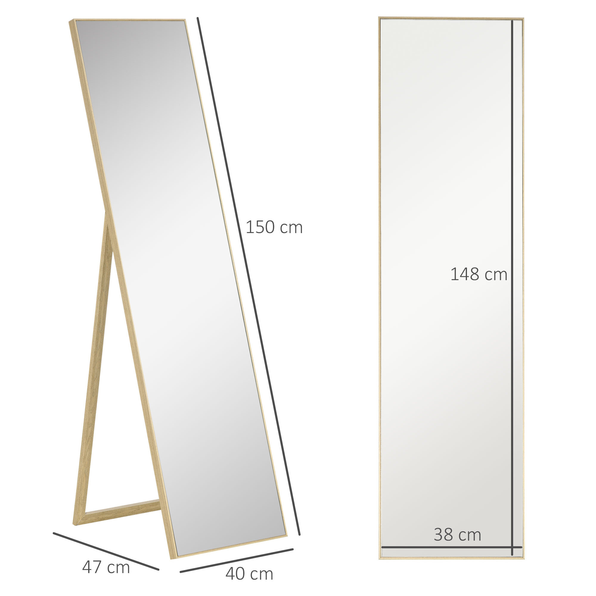 Miroir sur pied rectangulaire dim. 40L x 35l x 147H cm MDF aspect bois de chêne clair