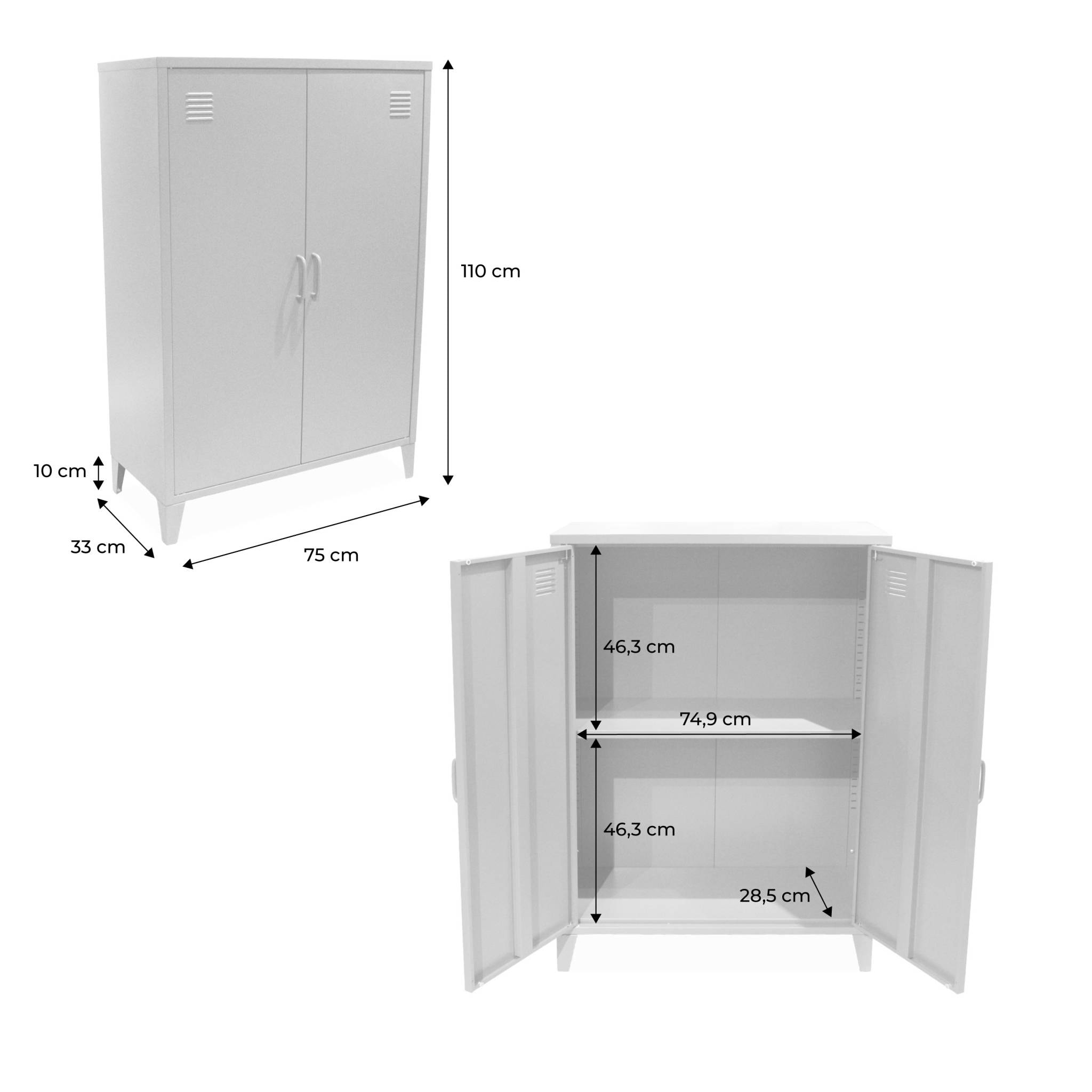 Commode/armoire en métal vert. 2 espaces de rangement. casiers