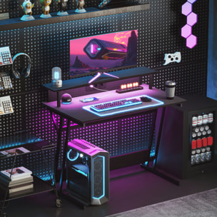 Mesa Gaming con Luces LED, 100x60 cm, Escritorio Gaming, Mesa Gamer con Tomas de Corriente, Soporte para Monitor, Estantes y Control Remoto, para Oficina, Estudio, Negro