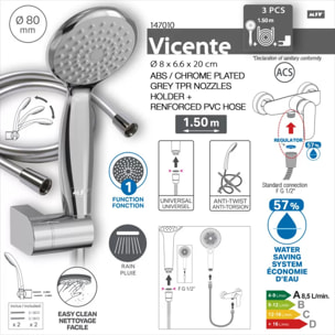Pommeau de douche Vicente Chrome Ø 80 mm avec support mural et flexible 150 cm