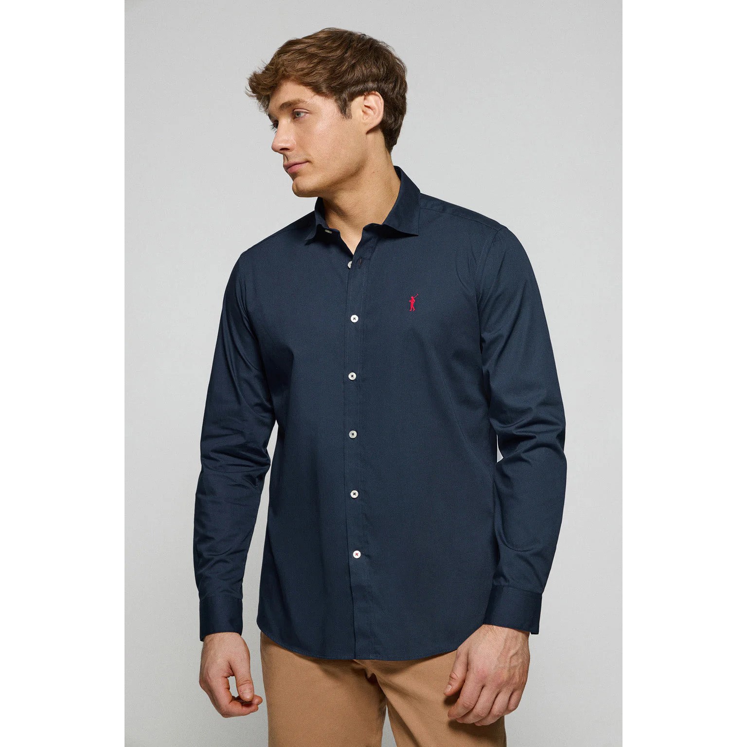 Camicia slim in popeline blu marino con logo Rigby Go ricamato