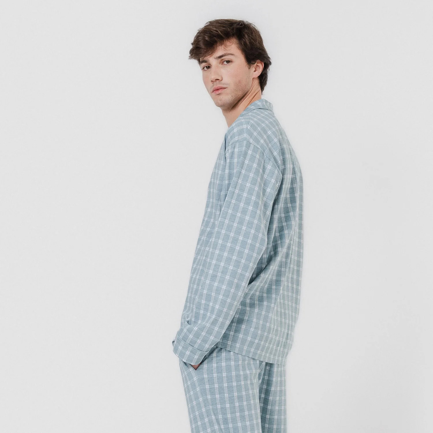 Pigiama lungo in cotone stile camicia, fantasia verde acqua roc