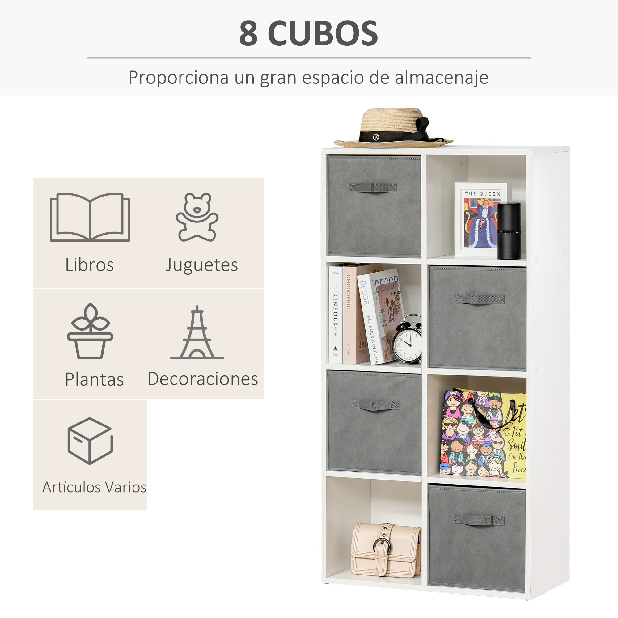 Estantería para Libros de 8 Cubos Librería Modular con 4 Cajones Extraíbles de Tela no Tejida para Oficina Estudio Dormitorio 61,5x30x121,6 cm Blanco y Gris