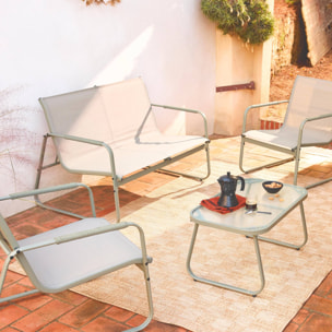 Salon de jardin kaki NOTO aluminium. 4 places. un canapé. une table. deux fauteuils textilene