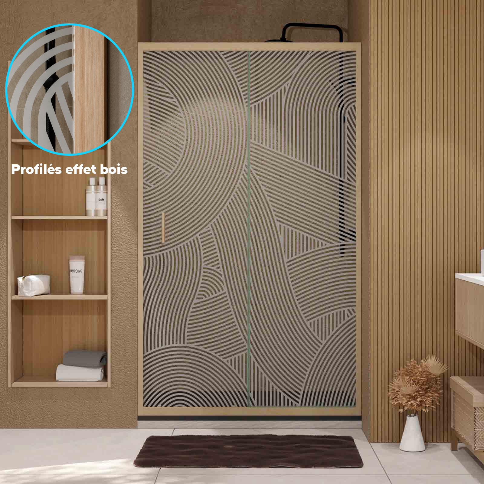 Porte de douche 120 coulissante HINATA - style Japandi courbes douces - Cadre effet Bois - Verre 6mm