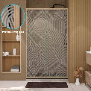 Porte de douche 120 coulissante HINATA - style Japandi courbes douces - Cadre effet Bois - Verre 6mm