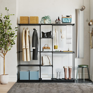 Armario de Ropa, Perchero, 182x43x185 cm, Armario Abierto con 8 Estantes de Tela, Barras para Colgar, Marco de Metal, para Dormitorio, Salón, Vestidor, Negro