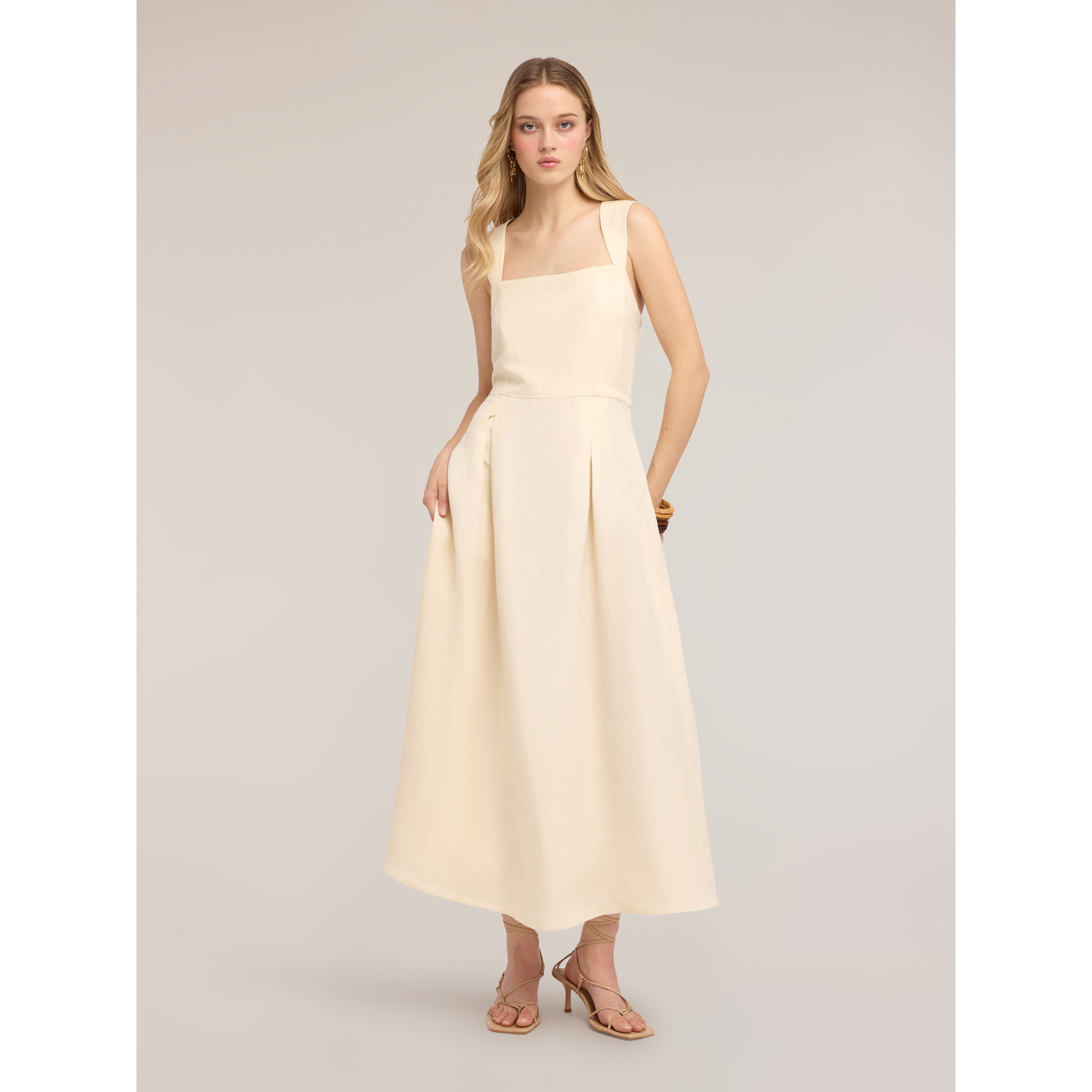 Motivi - Vestito con scollo quadrato in misto lino - Bianco