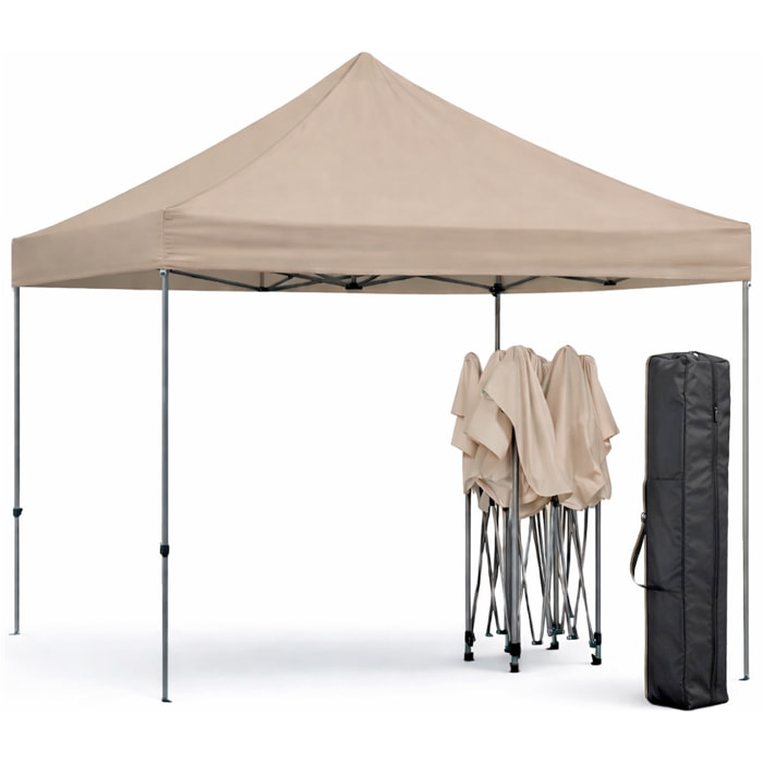 Gazebo Professionale 3x3 M Richiudibile Automatico In Acciaio Con Telo Oxford 1200D PVC Impermeabile e Anti UV A Fisarmonica con Sacche Tortora
