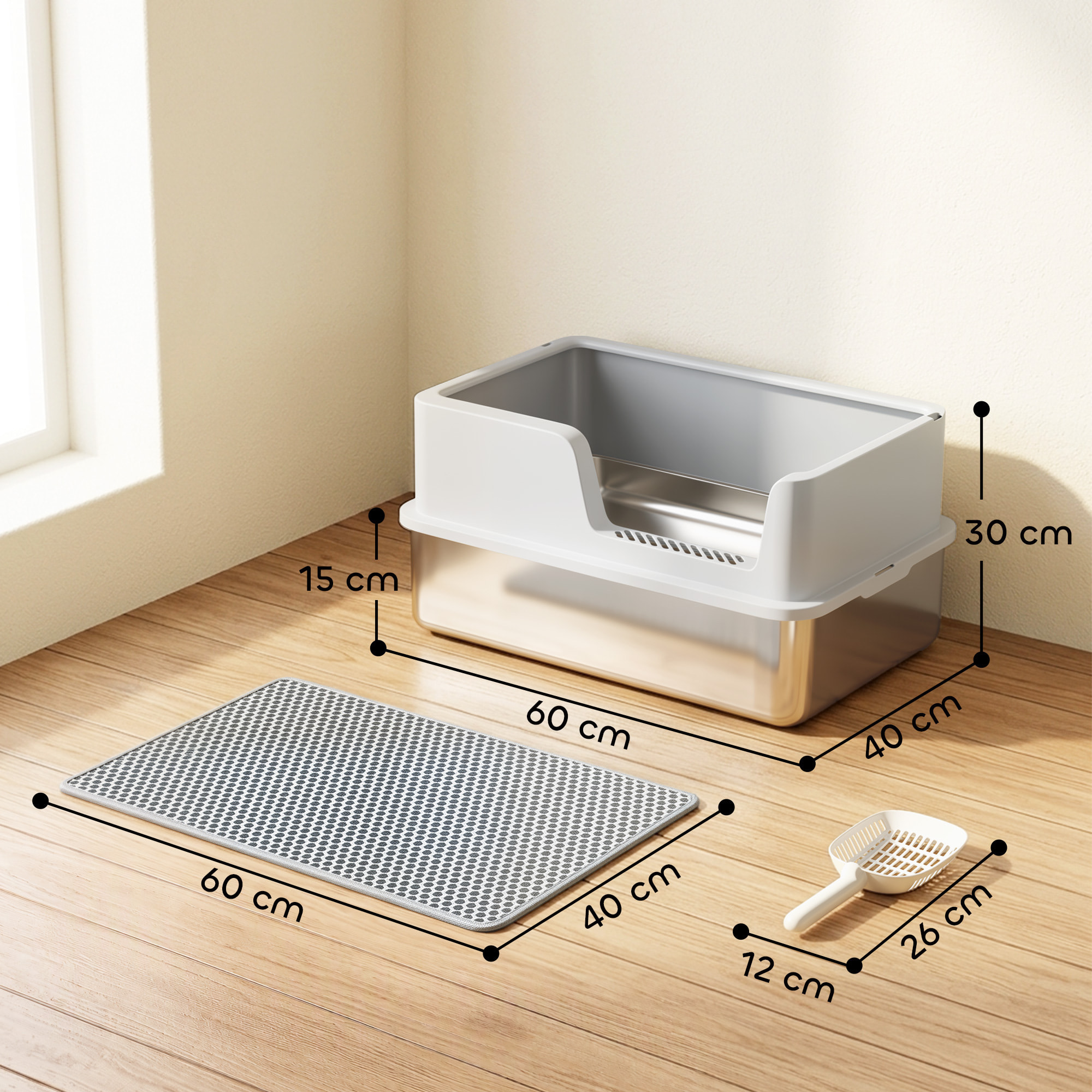 Bac à litière chat acier inox hauts rebords tapis pelle brosse