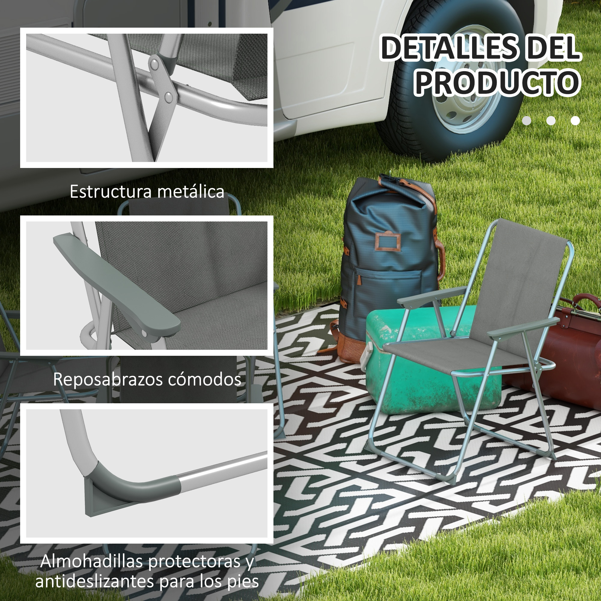 Juego de 4 Sillas de Camping Plegables Sillas Plegables de Jardín Exterior Acolchadas en Tela Oxford con Marco de Acero y Reposabrazos Carga 120 kg para Terraza Playa 53x54x76 cm Gris
