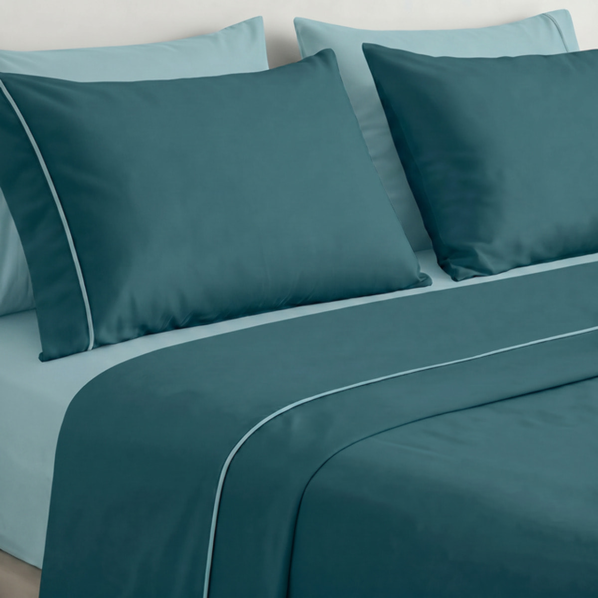 Completo Lenzuola in 100% Cotone con Piping Elegante, Set Letto Morbido e Traspirante con Lenzuolo Sopra, Sotto con Angoli Elasticizzati e Federa Coordinata