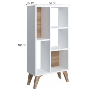 Libreria essenziale con cinque scomparti aperti di diverse misure, cm 55 x 25 x 106, colore bianco con dettaglio noce