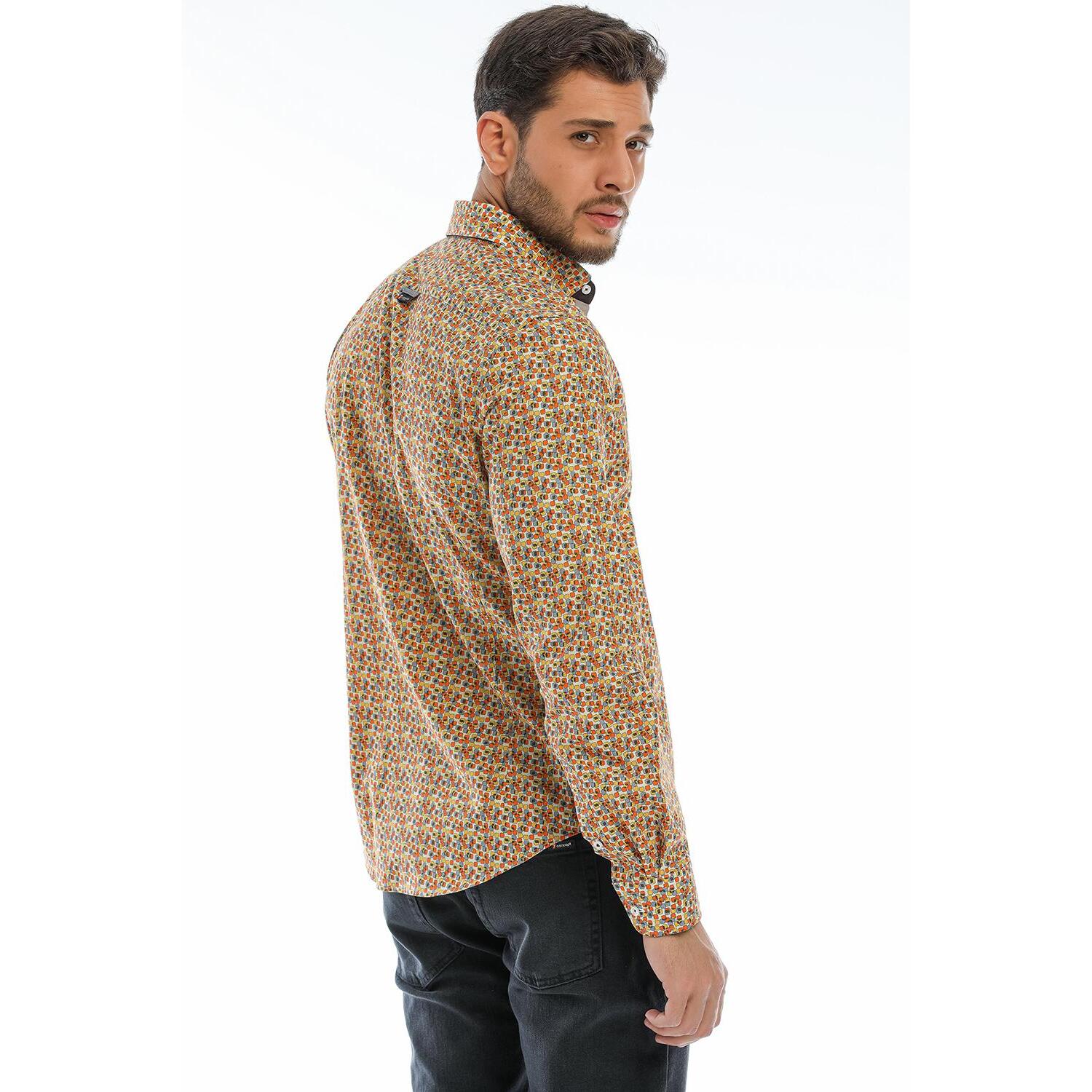 Camicia Uomo 1 Bottoni Button Down Slim Popeline Fantasia Bianco e Arancio