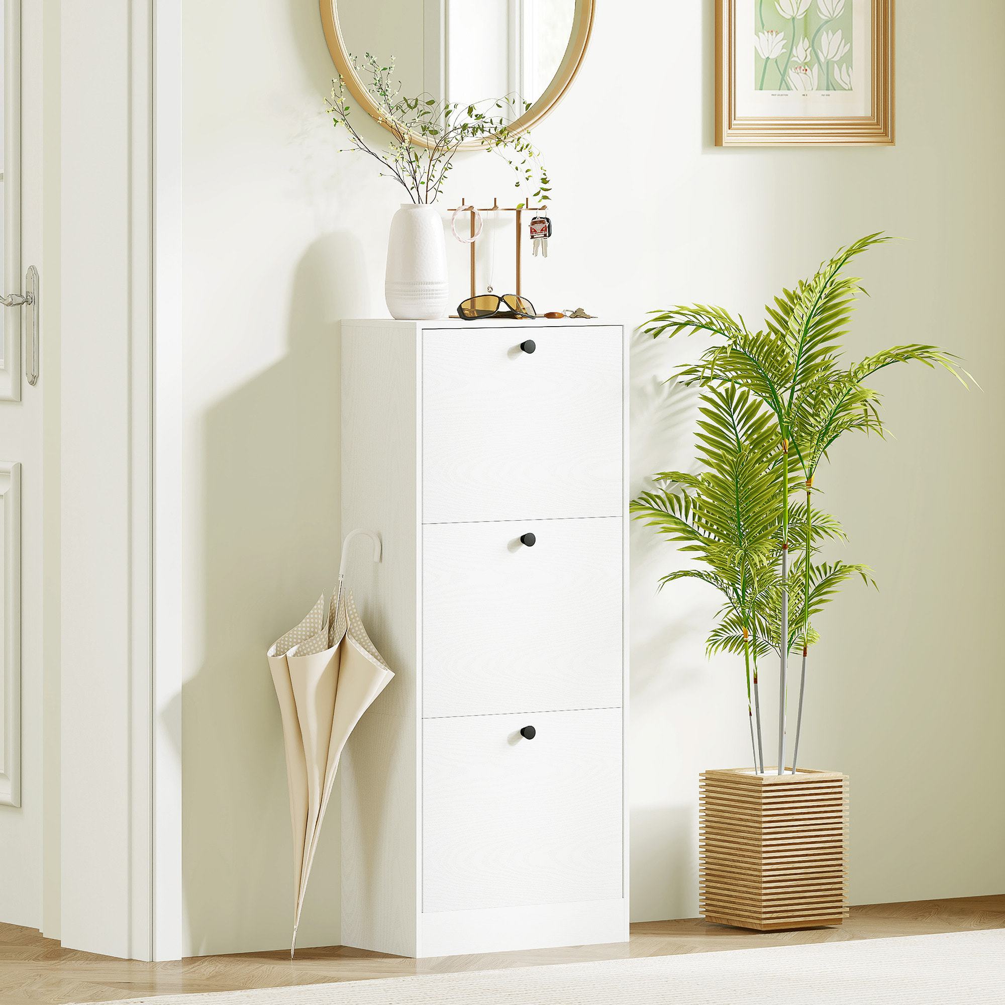 Zapatero Estrecho con 3 Puertas Abatibles Zapatero Entrada Recibidor con Estantes Ajustables para 12 Pares de Zapatos para Pasillo Espacios Reducidos 47x28x115 cm Blanco Veteado