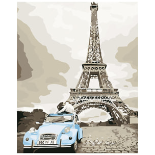 Tela con disegno da dipingere con i numeri, 40x50cm. Torre Eiffel e design 2CV. Include pennelli e vernici necessari.