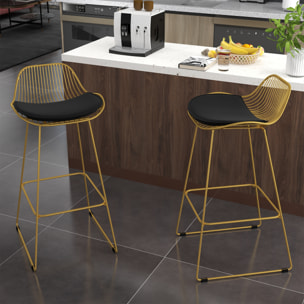 Juego de 2 Taburetes Altos de Cocina Moderno Taburetes de Bar con Cojín de Terciopelo Respaldo y Reposapiés Carga 120 kg 46,5x48x93 cm Dorado