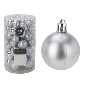 Conjunto de 60 bolas de navidad en color plata en varios diseños y acabados