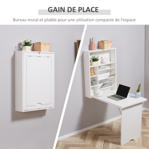 Bureau pliable rabattable - bureau bibliothèque 2 en 1 - étagères - blanc