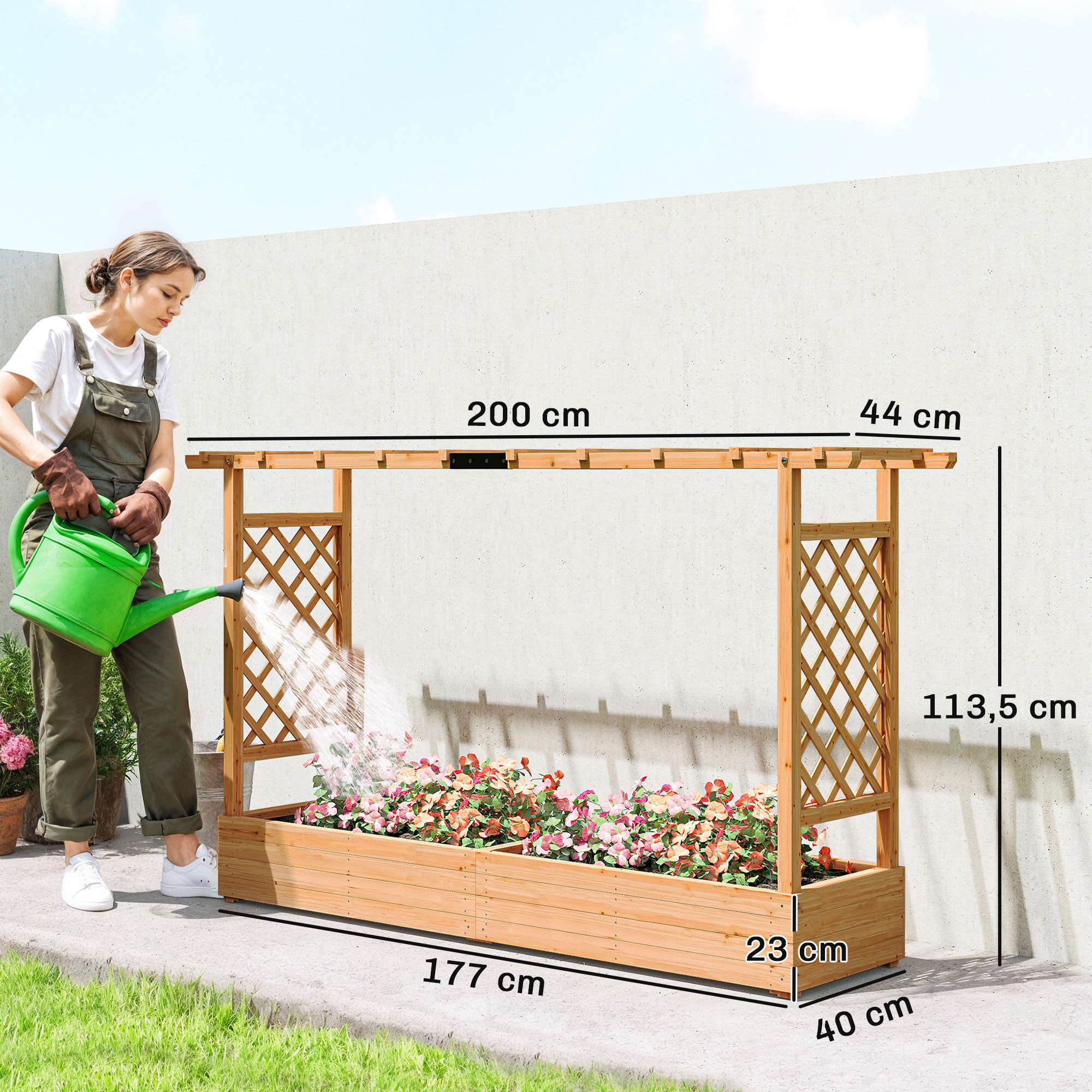 Jardinière treillis intégral latéral et toit - 200 x 44 x 113 cm - bois sapin pré-huilé