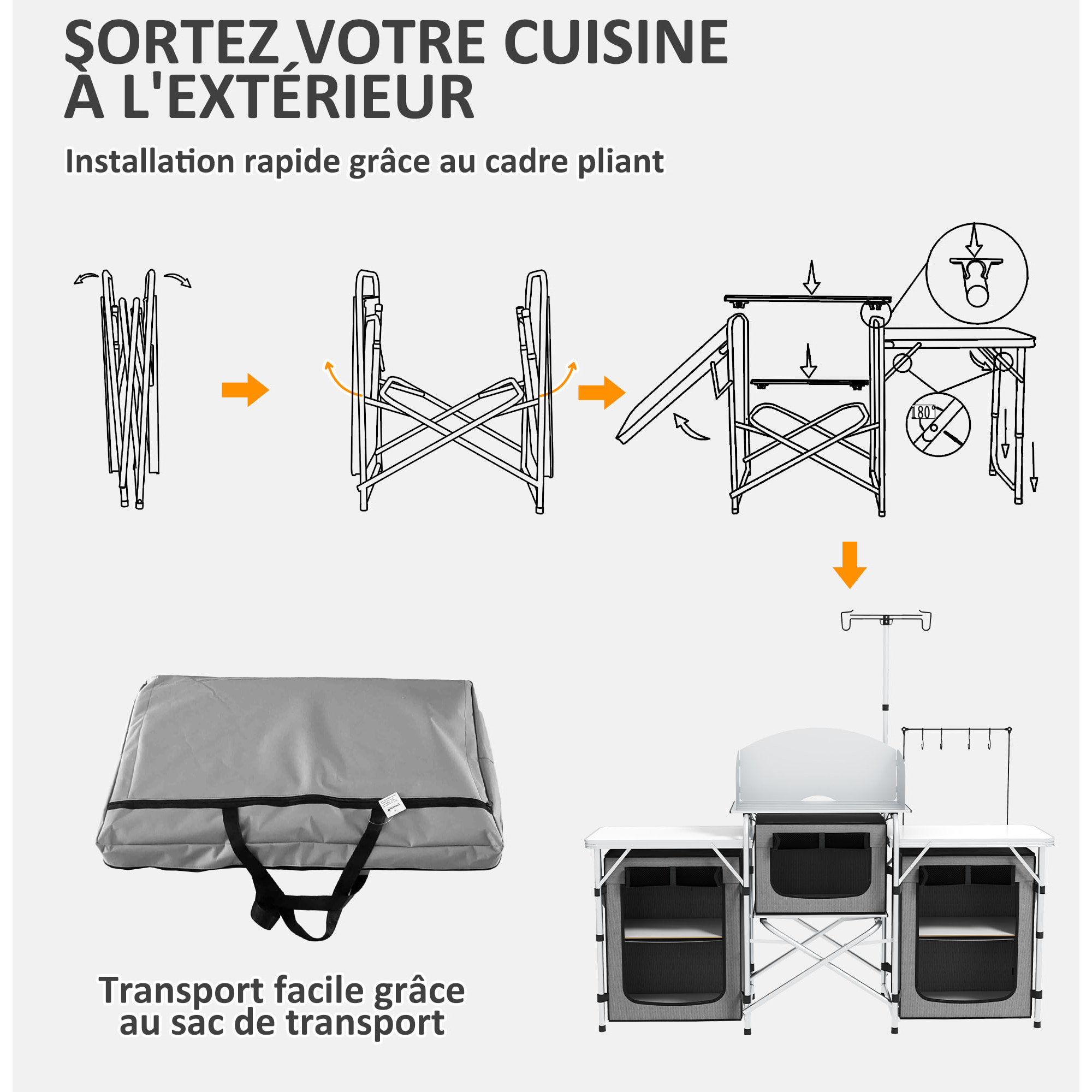Meuble de cuisine camping multi-rangement pliable sac de transport inclus gris