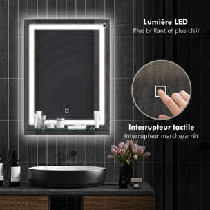 Miroir lumineux LED 20 W interrupteur tactile étagère intégrée 50L x 12l x 70H cm