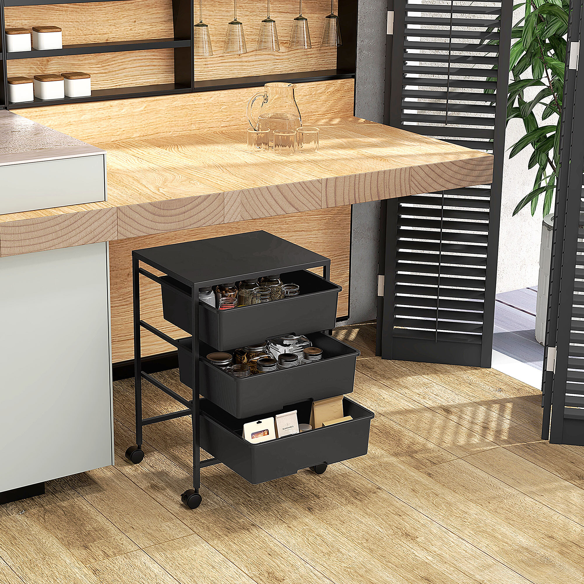 Carrito Auxiliar con Ruedas Carrito de Cocina de 3 Niveles con 3 Cestas para Almacenamiento y Marco de Acero para Comedor Sala Baño 40,8x33,5x60,5 cm Negro