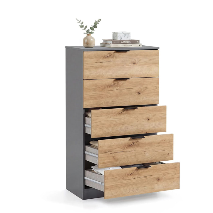 Cómoda alta de 5 cajones en gris grafito y alpine oak 60x110 cm Akari Gris Grafito - Alpine Oak