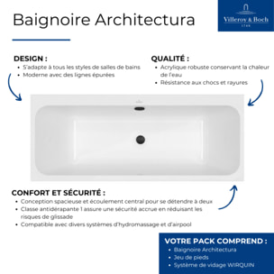 Baignoire droite 150 x 70 VILLEROY & BOCH Architectura + Pieds + Vidage de baignoire WIRQUIN noir