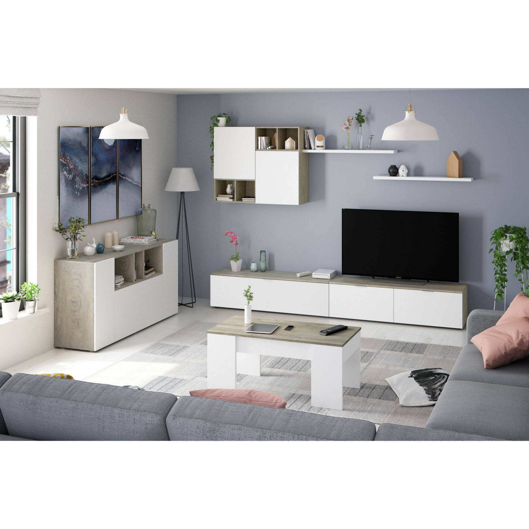 Credenza Paterson, Madia moderna a 3 ante, Buffet da soggiorno con scomparti, Madia da salotto, Mobile Porta TV, cm 150x41h76, Bianco e Rovere