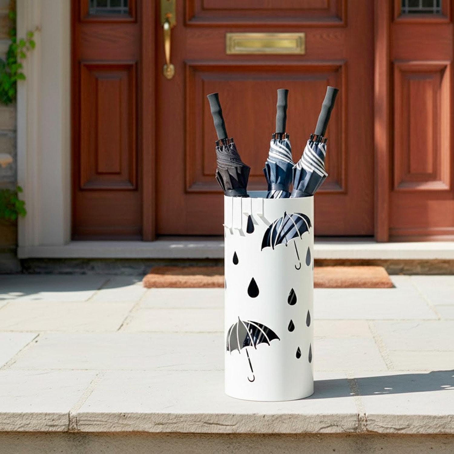 Portaombrelli Rotondo In Acciaio Zincato Con Vaschetta Scolapioggia E 4 Ganci Removibili Base Antiscivolo Design Moderno Ingresso 41 x 17 Cm Bianco