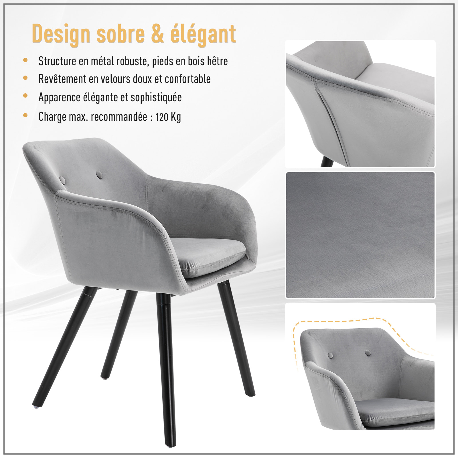 Chaises de visiteur design scandinave - lot de 2 chaises - pieds effilés bois noir - assise dossier accoudoirs ergonomiques velours gris