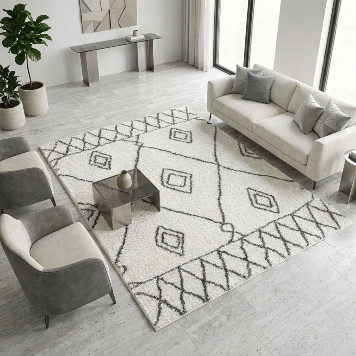 Tapis Shaggy longues mêches et aux motifs traditionnels Berbères