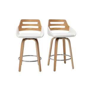 Tabourets de bar scandinaves pivotants blancs et bois clair H65.5 cm (lot de 2) PERNIK