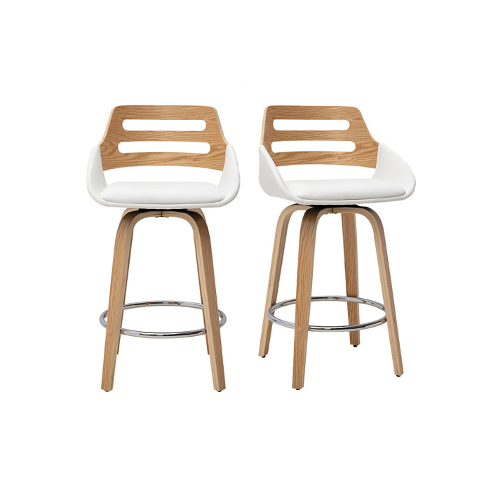 Tabourets de bar scandinaves pivotants blancs et bois clair H65.5 cm (lot de 2) PERNIK