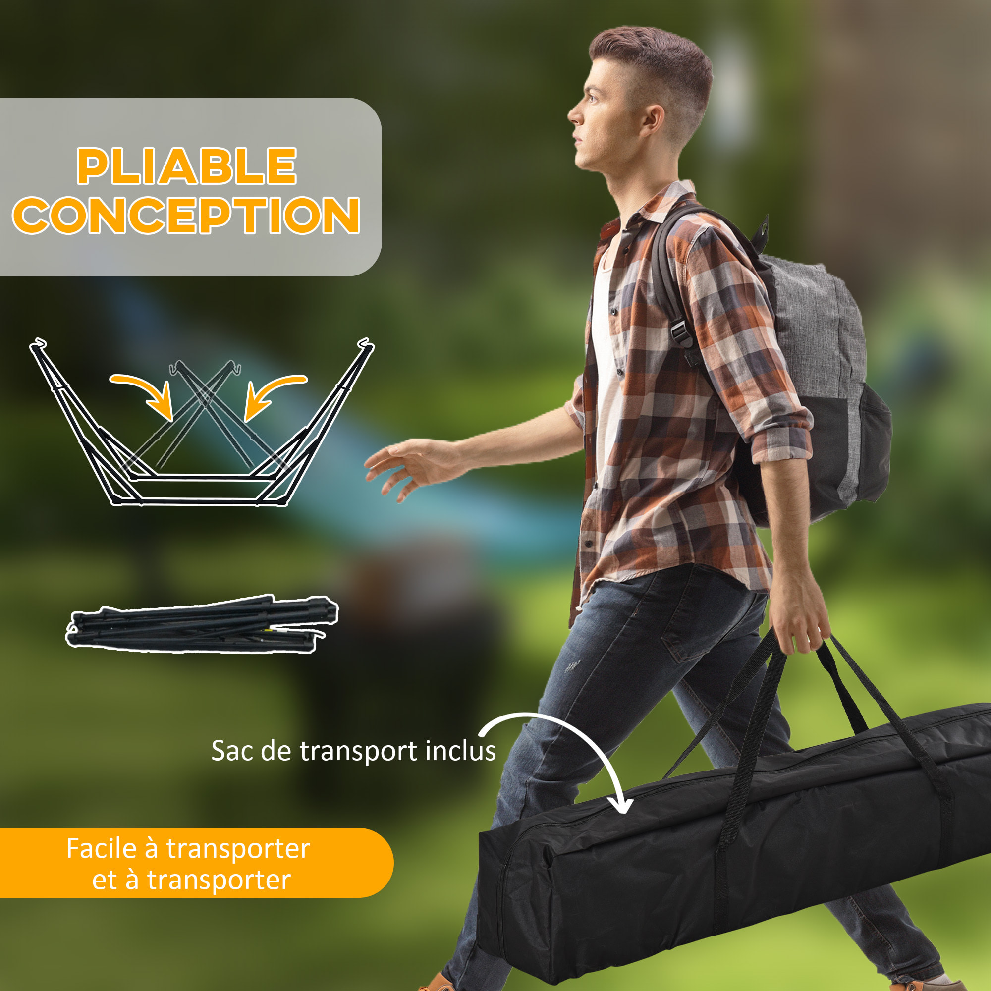 Hamac pliable complet - support acier, toile hamac coton - support 2 en 1 hamac chaise suspendue - noir gris