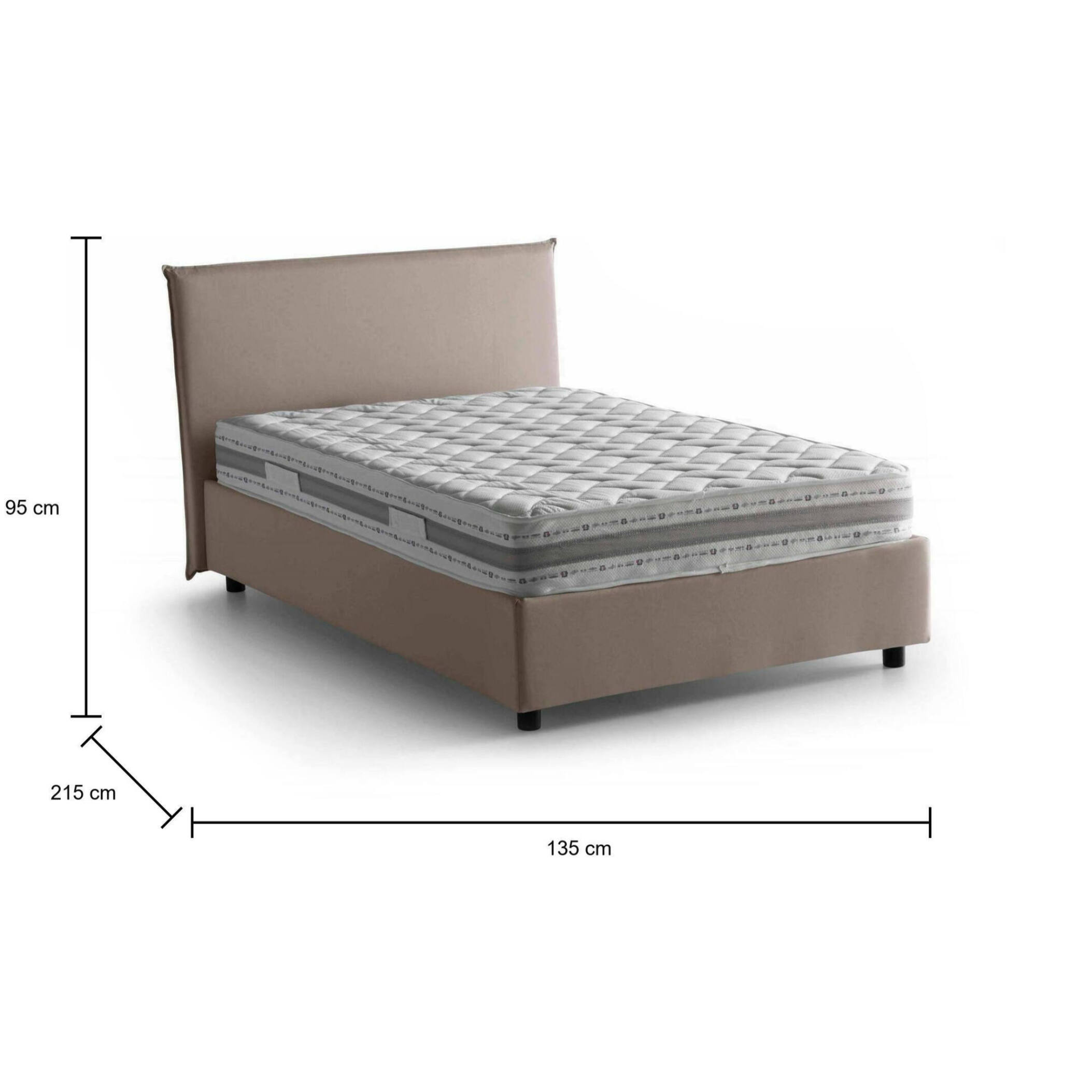 Letto piazza e mezza Chicca, Letto contenitore con rivestimento in tessuto, 100% Made in Italy, Apertura frontale, con materasso Cm 120x200 incluso, Tortora