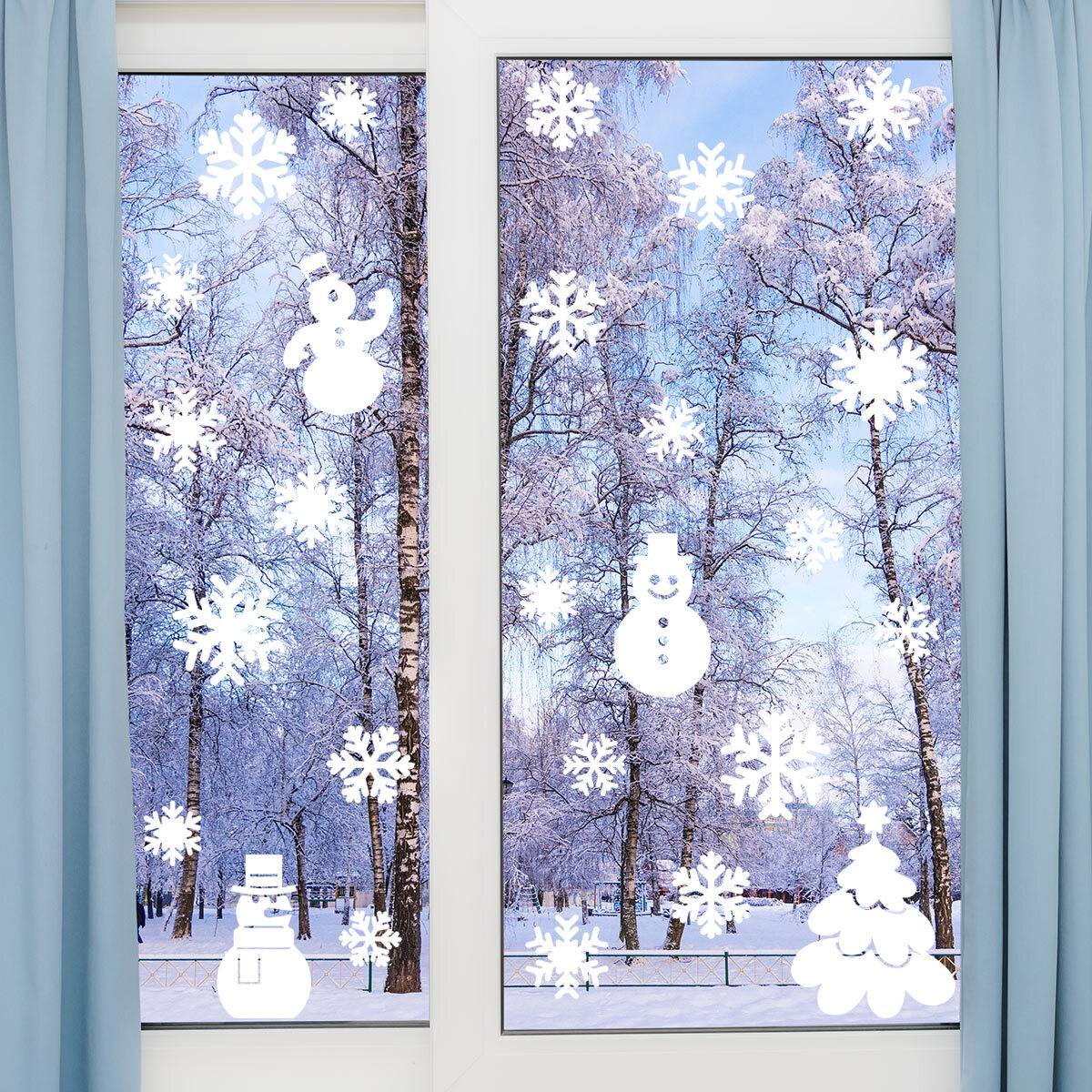 Stickers électrostatiques 30 flocons 3 bonhommes de neige et 1 sapin - Autocollants adhésifs fenêtres noël - décoration fêtes