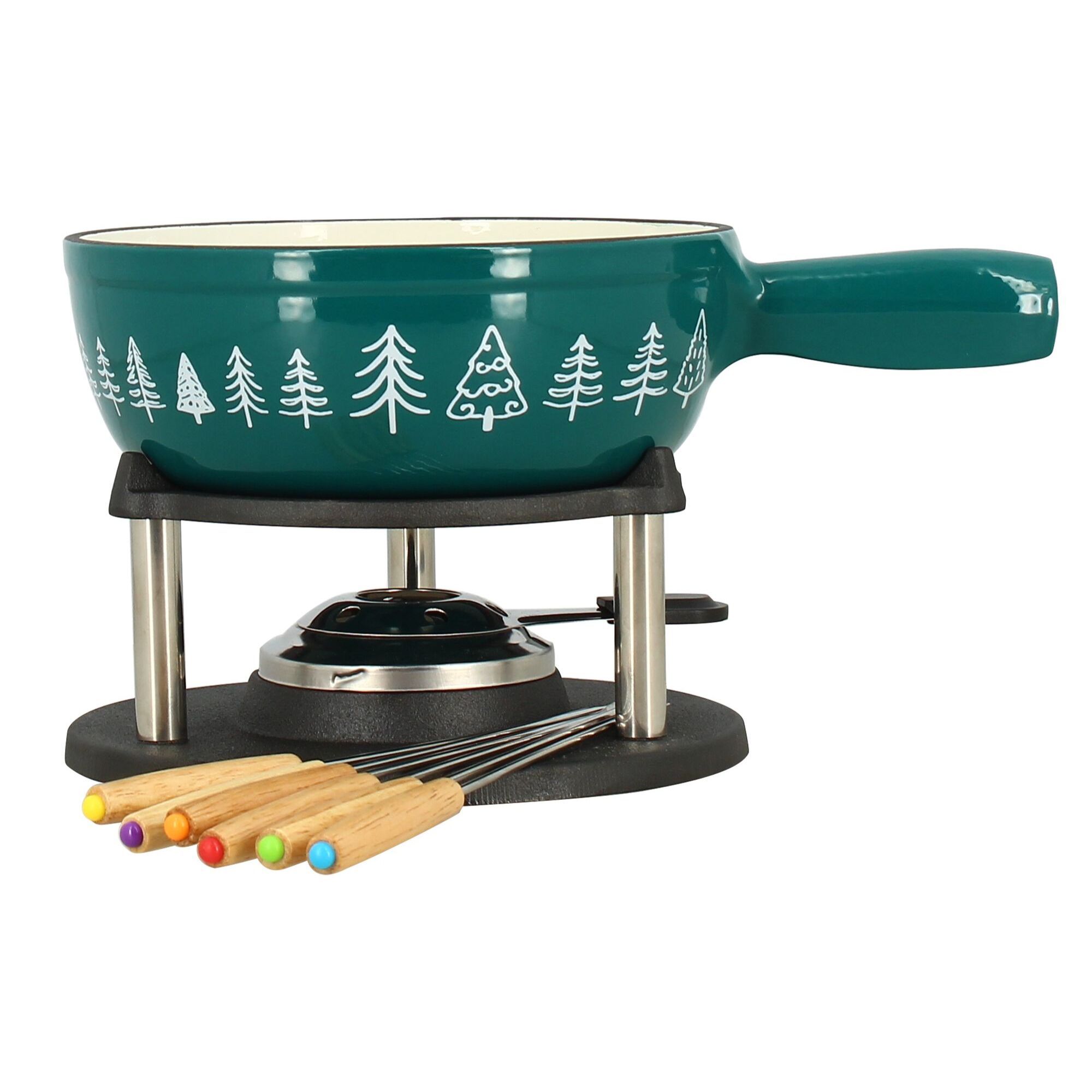 Fondue montagne 1.9l en fonte crème et bleu canard avec 6fourchettes