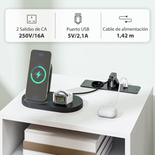 Mesita de Noche con Estación de Carga, Mesilla de Noche con Cajón, 2 Tomas AC, Puerto USB y Tipo-C, Compartimento Abierto, Patas de Madera, para Salón, Dormitorio, Blanco