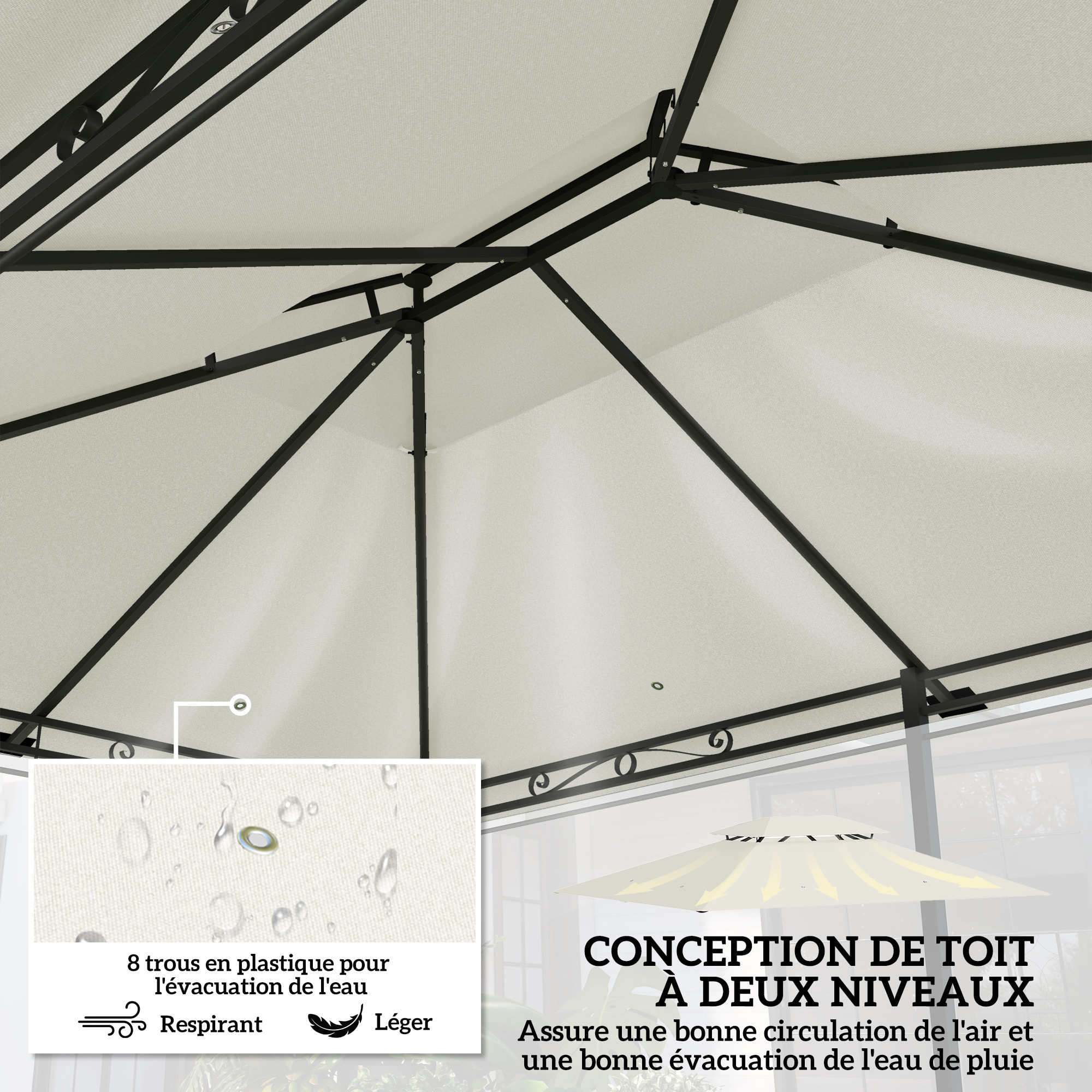 Toile de rechange tonnelle 4 x 3 m - double toit, trous de drainage - polyester crème